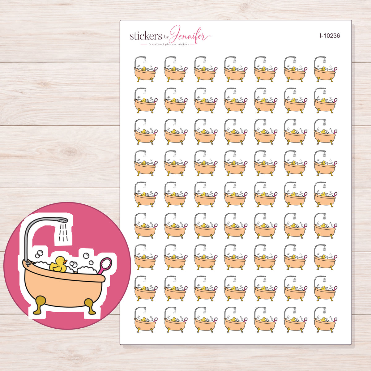 Peach Bubble Bath Planner Stickers | I-10236 — 5 × 7 inch sheet and enlarged sticker detail
