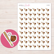 Baseball Bat Ball and Glove Planner Stickers | I-10239 — 5 × 7 inch sheet and enlarged sticker detail