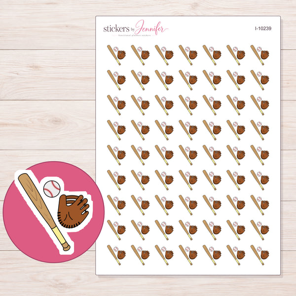 Baseball Bat Ball and Glove Planner Stickers | I-10239 — 5 × 7 inch sheet and enlarged sticker detail
