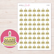 Yellow Birthday Cake Planner Stickers | I-10242 — 5 × 7 inch sheet and enlarged sticker detail