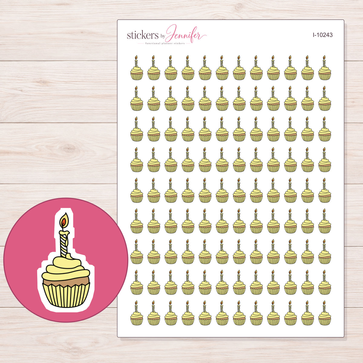 Yellow Birthday Cupcake Planner Stickers | I-10243 — 5 × 7 inch sheet and enlarged sticker detail