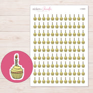 Yellow Birthday Cupcake Planner Stickers | I-10243 — 5 × 7 inch sheet and enlarged sticker detail