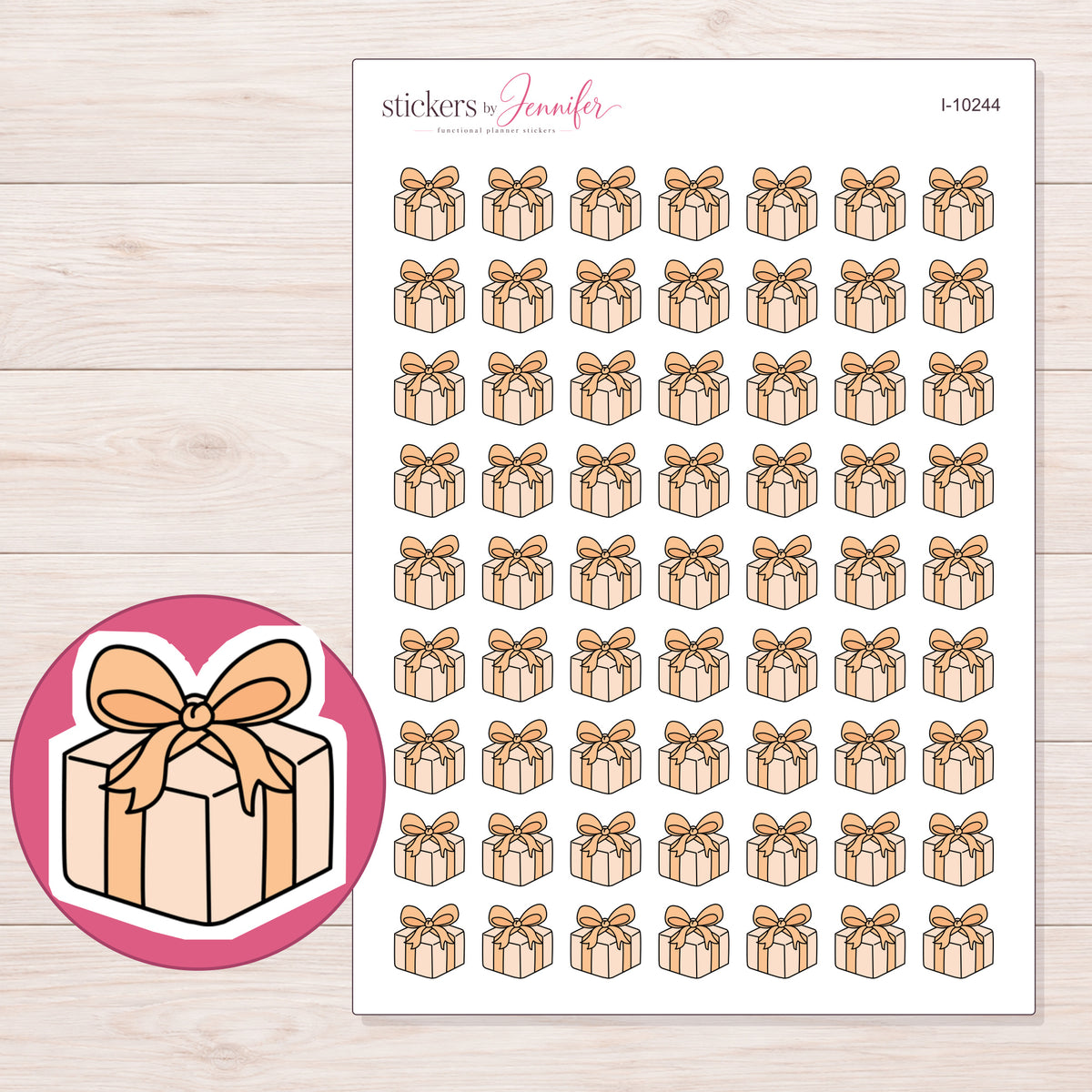 Peach Gift Box Planner Stickers | I-10244 — 5 × 7 inch sheet and enlarged sticker detail