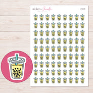Yellow Boba Tea Planner Stickers | I-10246 — 5 × 7 inch sheet and enlarged sticker detail