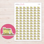 Yellow Books on Shelf Planner Stickers | I-10247 — 5 × 7 inch sheet and enlarged sticker detail