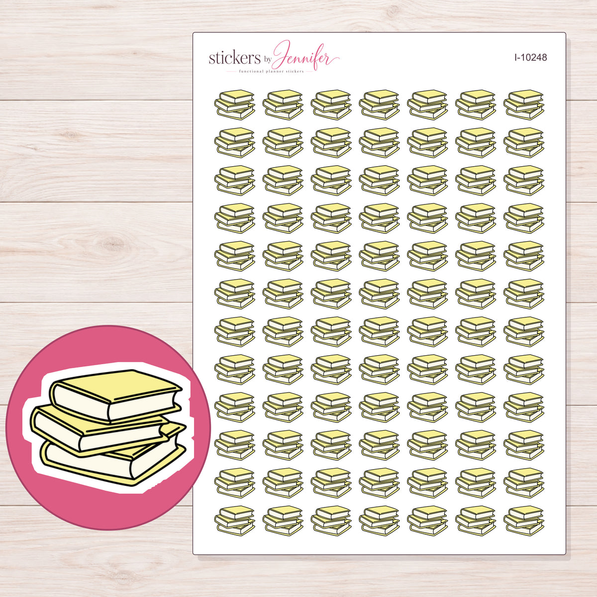Yellow Stack of Books Planner Stickers | I-10248 — 5 × 7 inch sheet and enlarged sticker detail