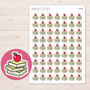 Yellow Books with Red Apple Planner Stickers | I-10249 — 5 × 7 inch sheet and enlarged sticker detail