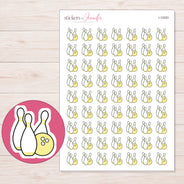Yellow Bowling Ball and Pins Planner Stickers | I-10253 — 5 × 7 inch sheet and enlarged sticker detail