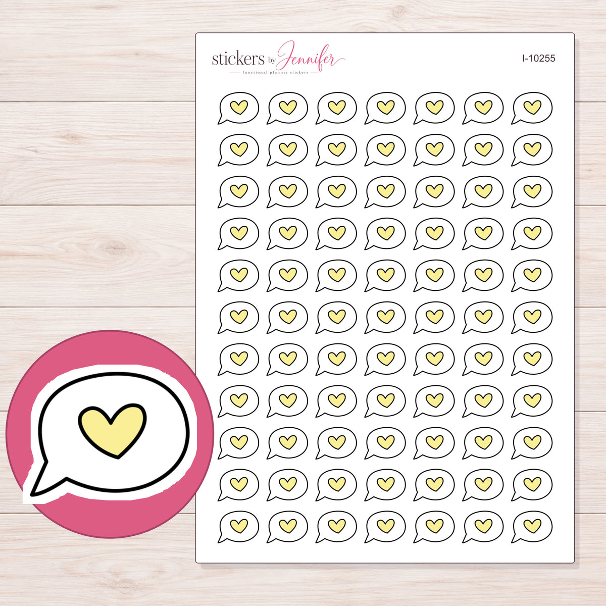 Yellow Heart Speech Bubble Planner Stickers | I-10255 — 5 × 7 inch sheet and enlarged sticker detail