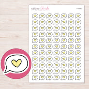 Yellow Heart Speech Bubble Planner Stickers | I-10255 — 5 × 7 inch sheet and enlarged sticker detail