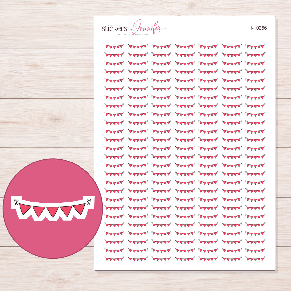 Pink Party Bunting Planner Stickers | I-10256 — 5 × 7 inch sheet and enlarged sticker detail