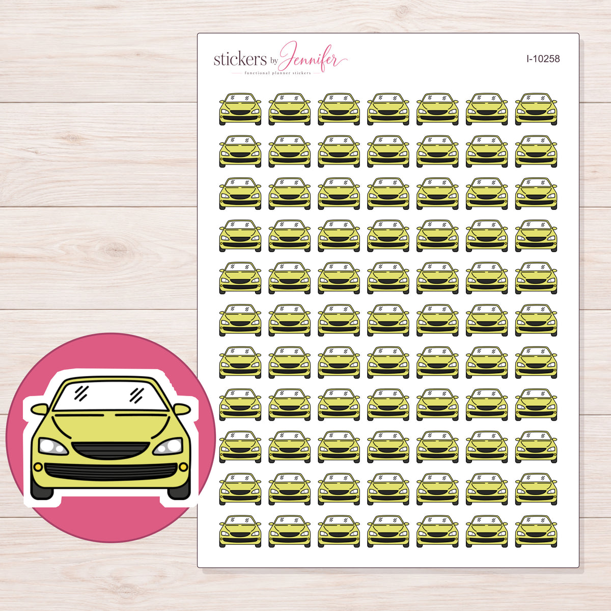 Yellow Front View Car Planner Stickers | I-10258 — 5 × 7 inch sheet and enlarged sticker detail