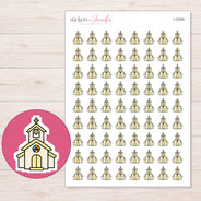 Yellow Church Planner Stickers | I-10259 — 5 × 7 inch sheet and enlarged sticker detail