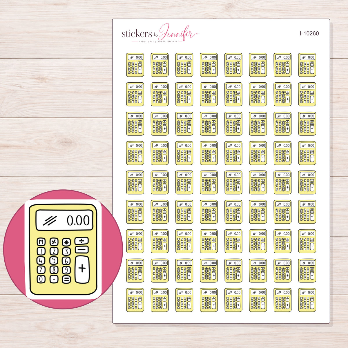 Yellow Calculator Planner Stickers | I-10260 — 5 × 7 inch sheet and enlarged sticker detail