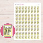Yellow Calculator Planner Stickers | I-10260 — 5 × 7 inch sheet and enlarged sticker detail