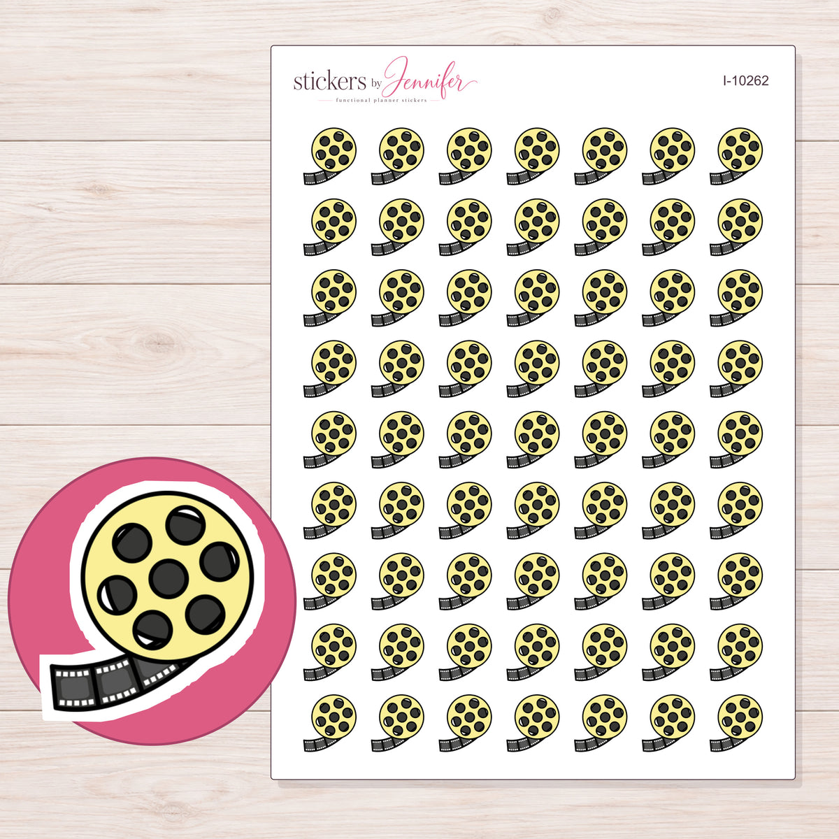 Yellow Film Reel Planner Stickers | I-10262 — 5 × 7 inch sheet and enlarged sticker detail