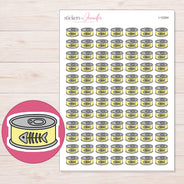 Yellow Cat Food Tin Planner Stickers | I-10264 — 5 × 7 inch sheet and enlarged sticker detail