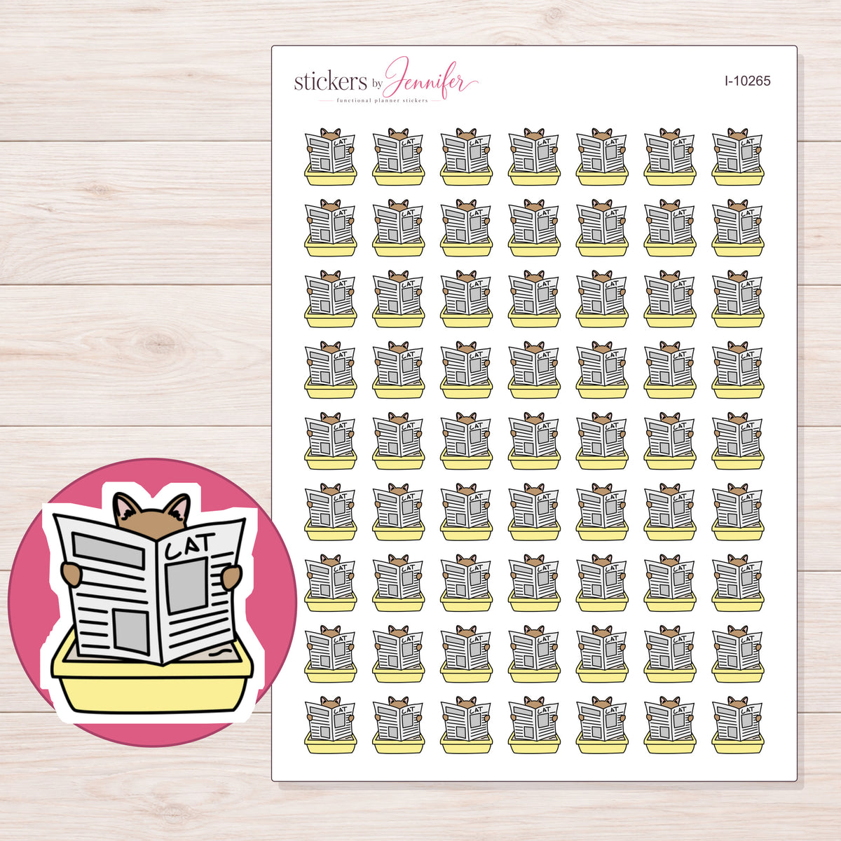 Cat in Yellow Litter Box Planner Stickers | I-10265 — 5 × 7 inch sheet and enlarged sticker detail