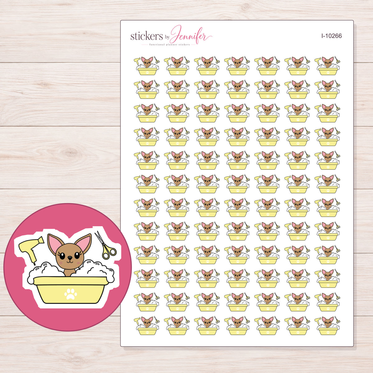 Chihuahua in Yellow Bath Planner Stickers | I-10266 — 5 × 7 inch sheet and enlarged sticker detail