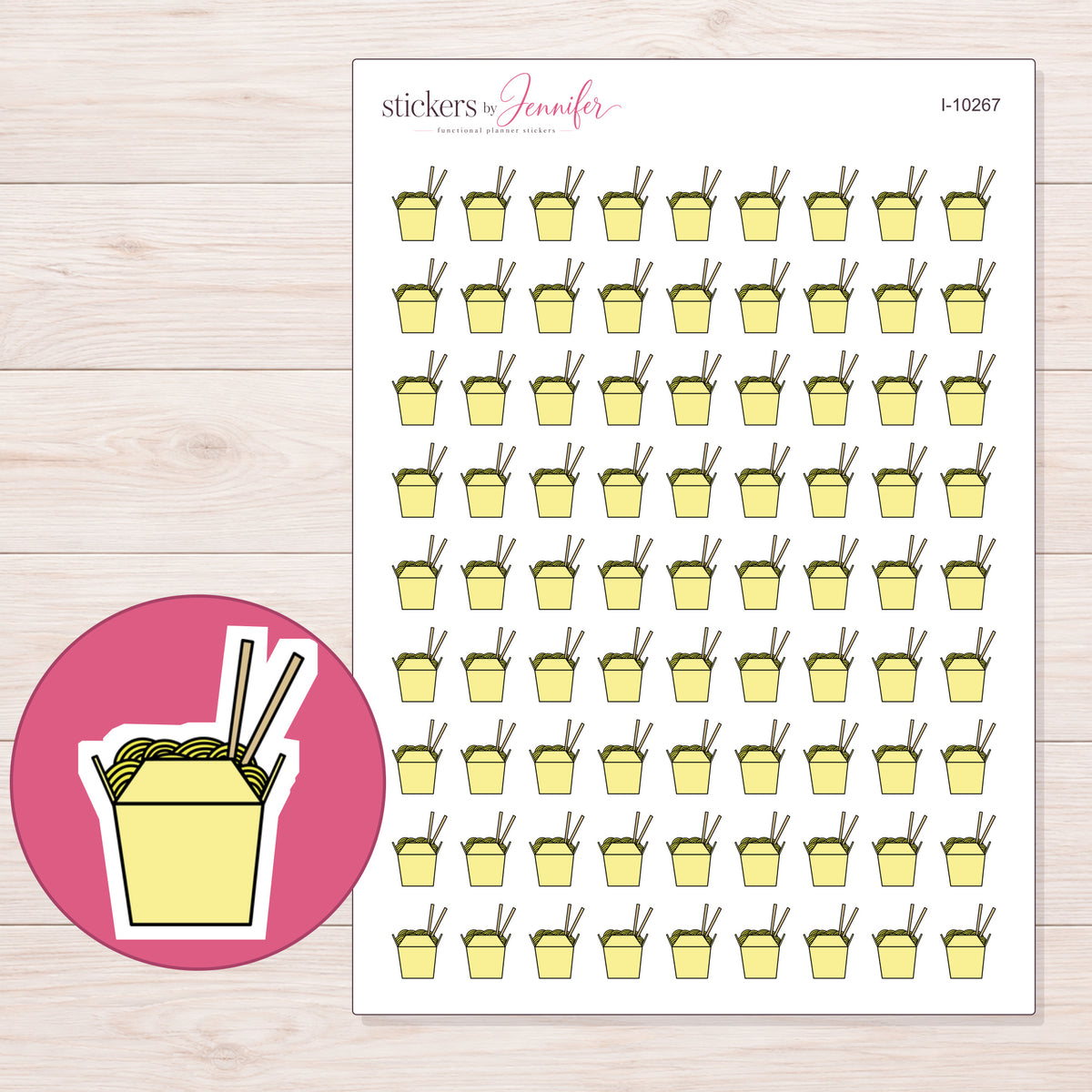 Yellow Takeout Noodle Box Planner Stickers | I-10267 — 5 × 7 inch sheet and enlarged sticker detail