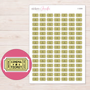 Yellow Cinema Ticket Planner Stickers | I-10269 — 5 × 7 inch sheet and enlarged sticker detail