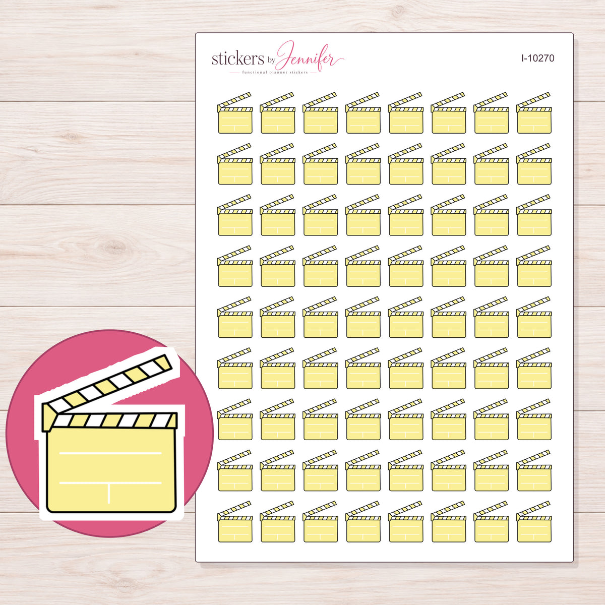 Yellow Clapperboard Planner Stickers | I-10270 — 5 × 7 inch sheet and enlarged sticker detail