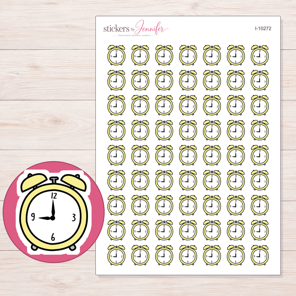 Yellow Alarm Clock Planner Stickers | I-10272 — 5 × 7 inch sheet and enlarged sticker detail