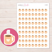 Peach Heart Coffee Mug Planner Stickers | I-10275 — 5 × 7 inch sheet and enlarged sticker detail