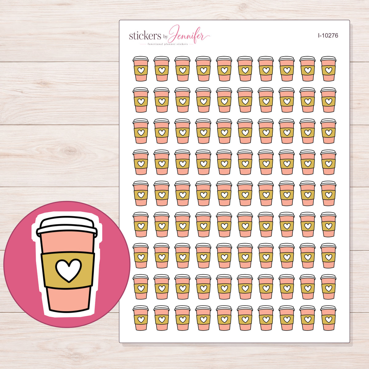 Coral Heart Takeaway Cup Planner Stickers | I-10276 — 5 × 7 inch sheet and enlarged sticker detail