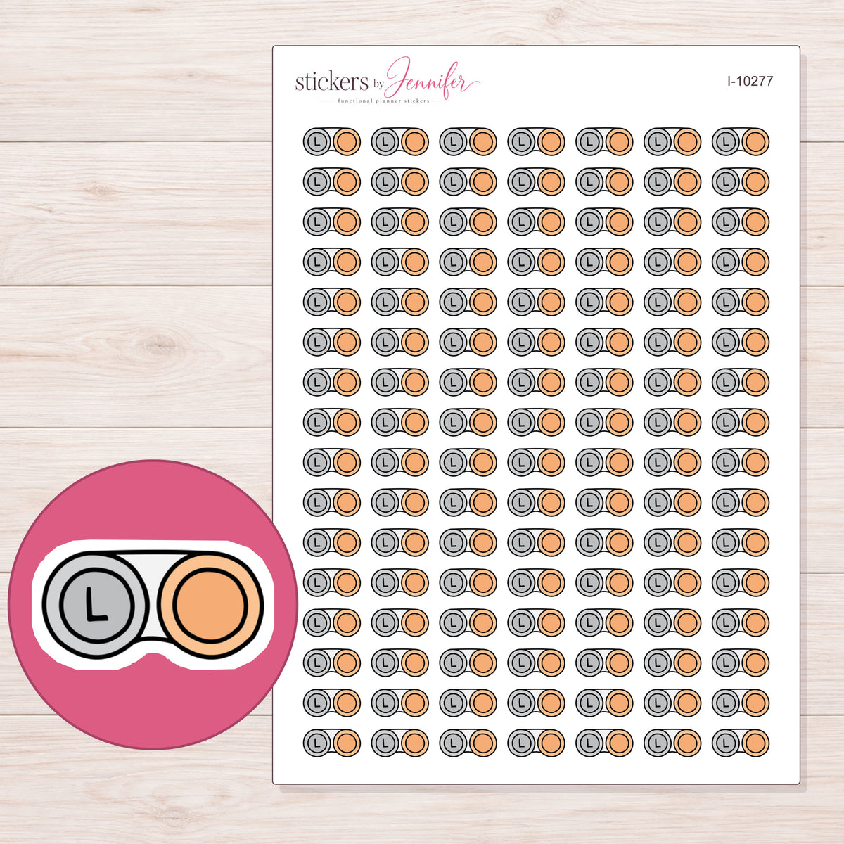 Peach Contact Lens Case Planner Stickers | I-10277 — 5 × 7 inch sheet and enlarged sticker detail