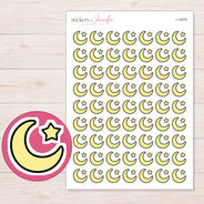 Yellow Crescent Moon and Star Planner Stickers | I-10279 — 5 × 7 inch sheet and enlarged sticker detail
