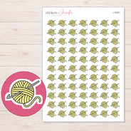 Yellow Yarn Ball and Hook Planner Stickers | I-10281 — 5 × 7 inch sheet and enlarged sticker detail