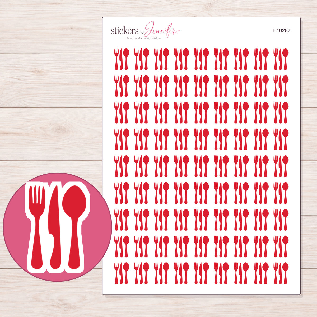 Red Cutlery Planner Stickers | I-10287 — 5 × 7 inch sheet and enlarged sticker detail