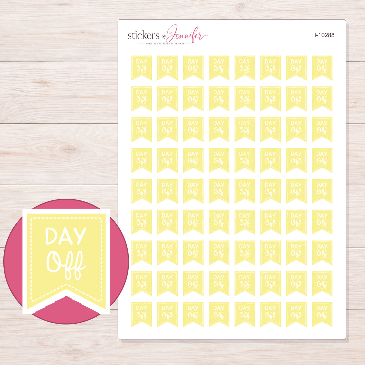 Yellow Day Off Flag Planner Stickers | I-10288 — 5 × 7 inch sheet and enlarged sticker detail