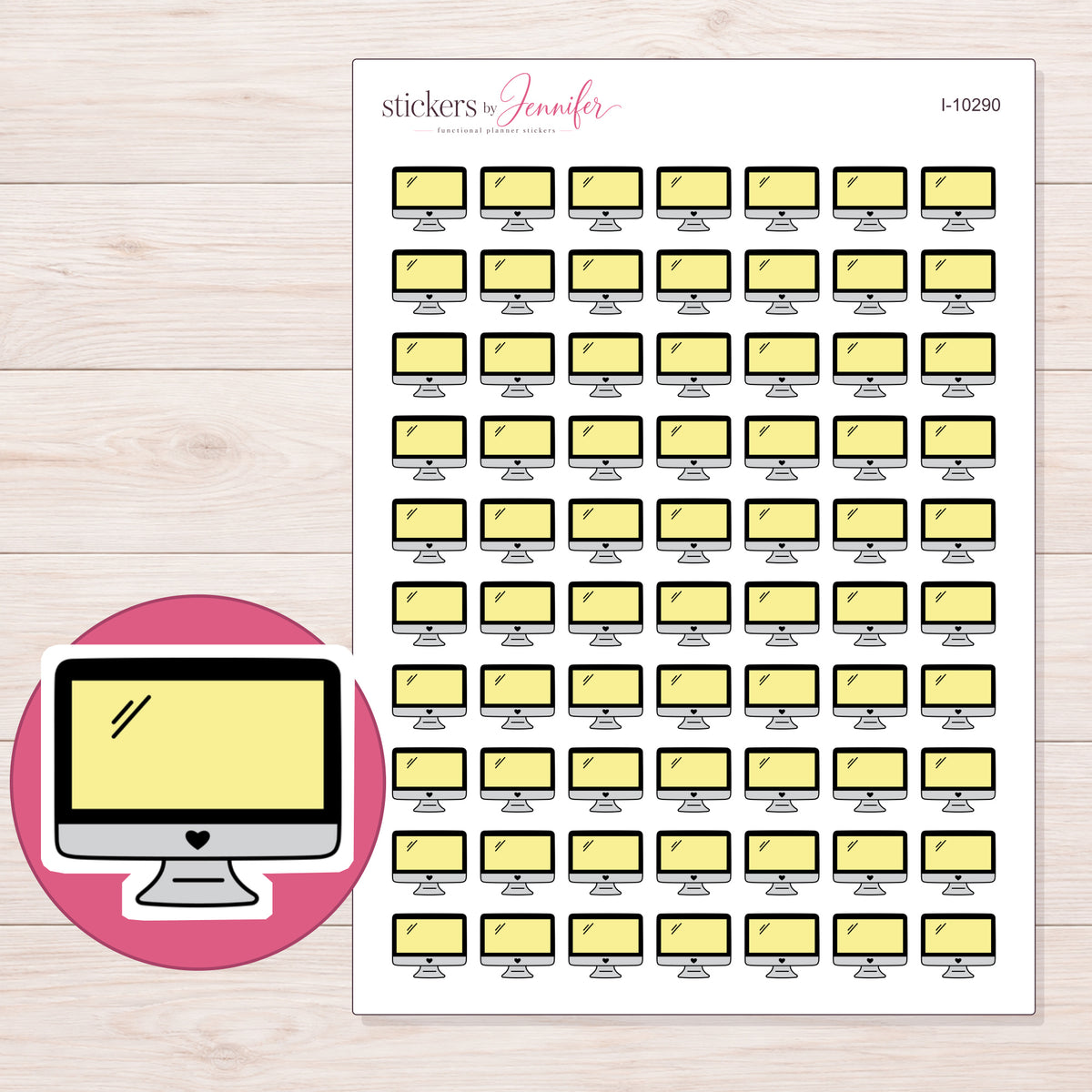 Yellow Screen Desktop Computer Planner Stickers | I-10290 — 5 × 7 inch sheet and enlarged sticker detail