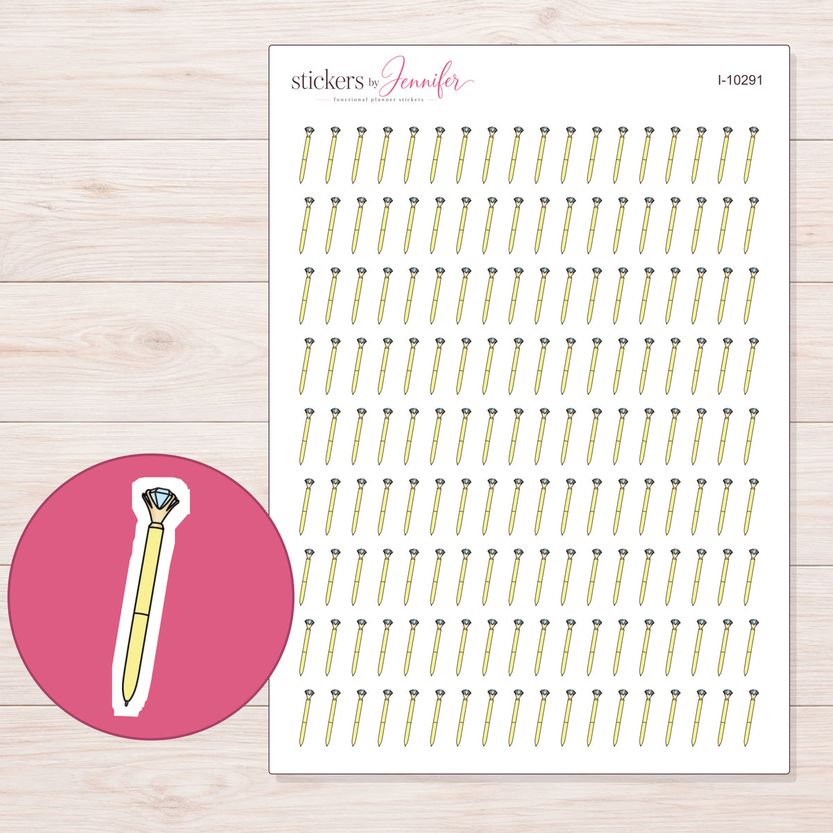 Yellow Diamond Top Pen Planner Stickers | I-10291 — 5 × 7 inch sheet and enlarged sticker detail