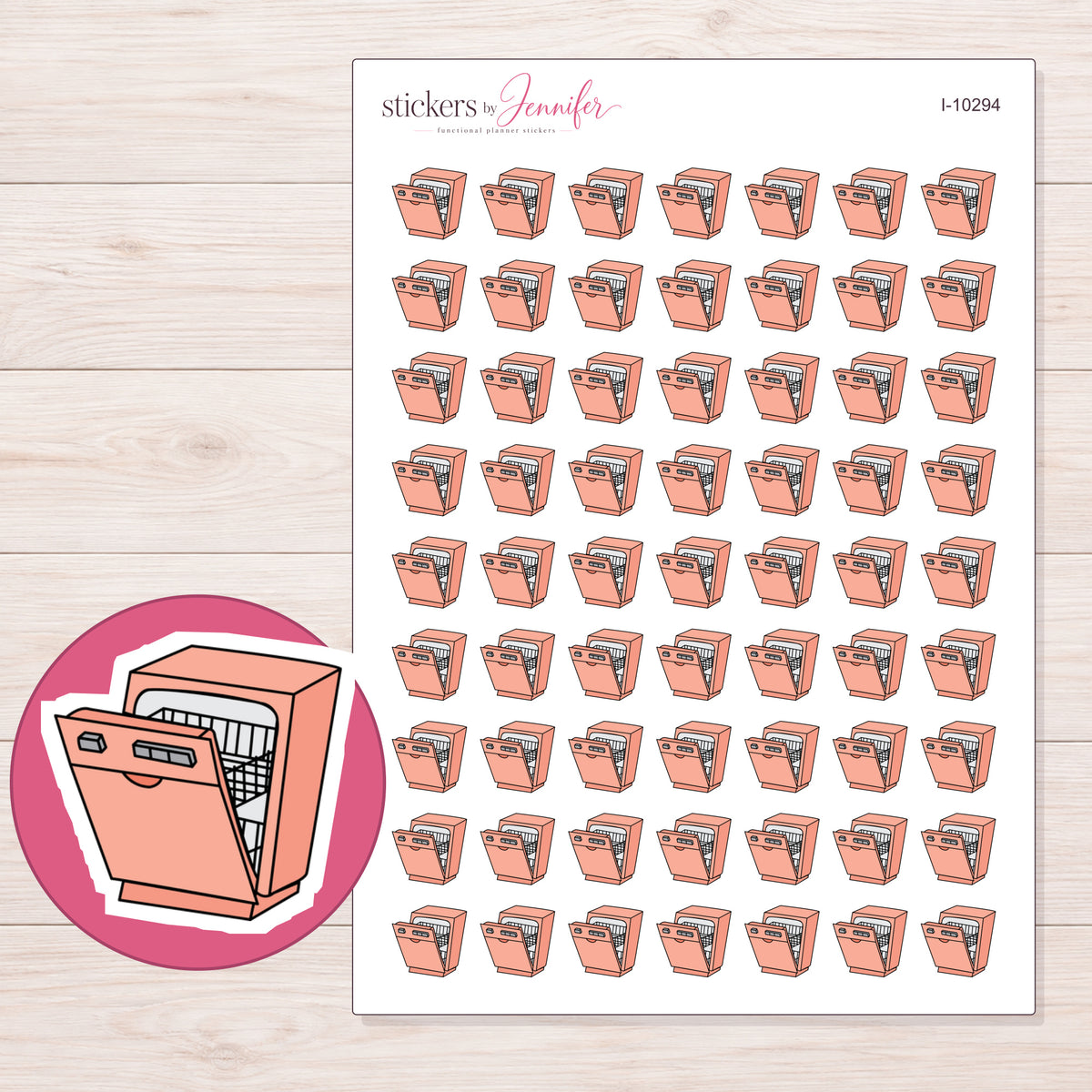 Coral Dishwasher Planner Stickers | I-10294 — 5 × 7 inch sheet and enlarged sticker detail