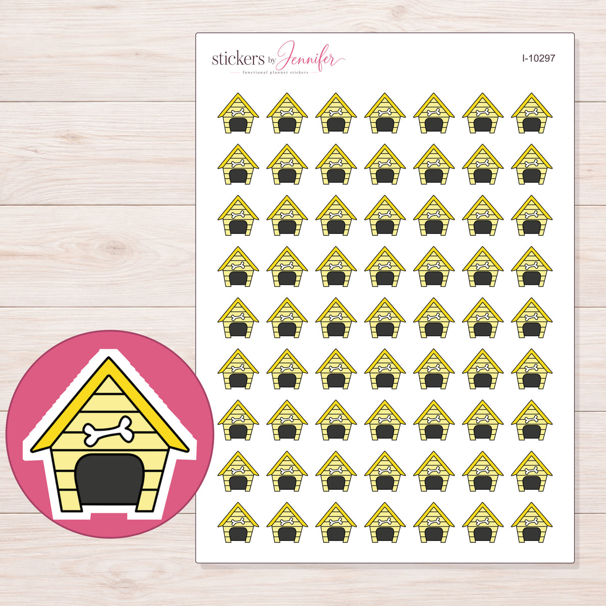 Yellow Dog House Planner Stickers | I-10297 — 5 × 7 inch sheet and enlarged sticker detail