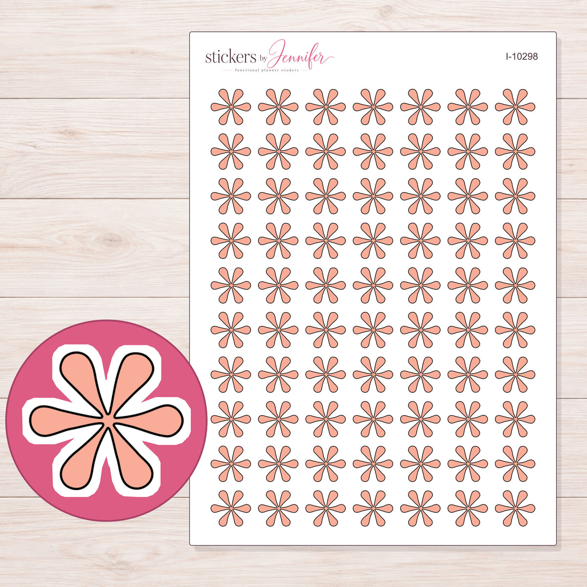 Peach Doodle Asterisk Planner Stickers | I-10298 — 5 × 7 inch sheet and enlarged sticker detail