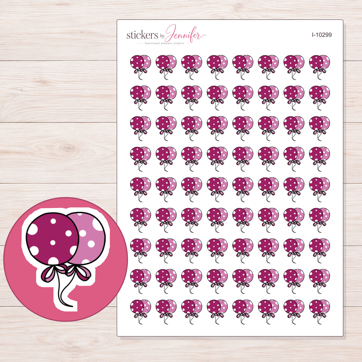 Pink Polka Dot Balloons Planner Stickers | I-10299 — 5 × 7 inch sheet and enlarged sticker detail
