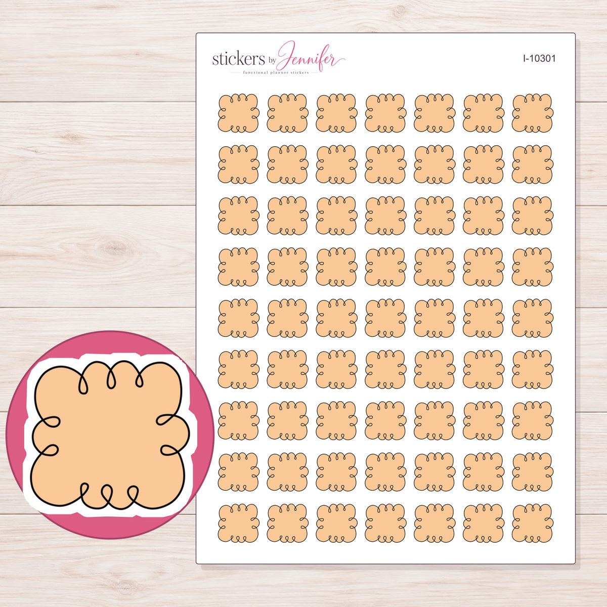 Peach Curly Label Planner Stickers | I-10301 — 5 × 7 inch sheet and enlarged sticker detail