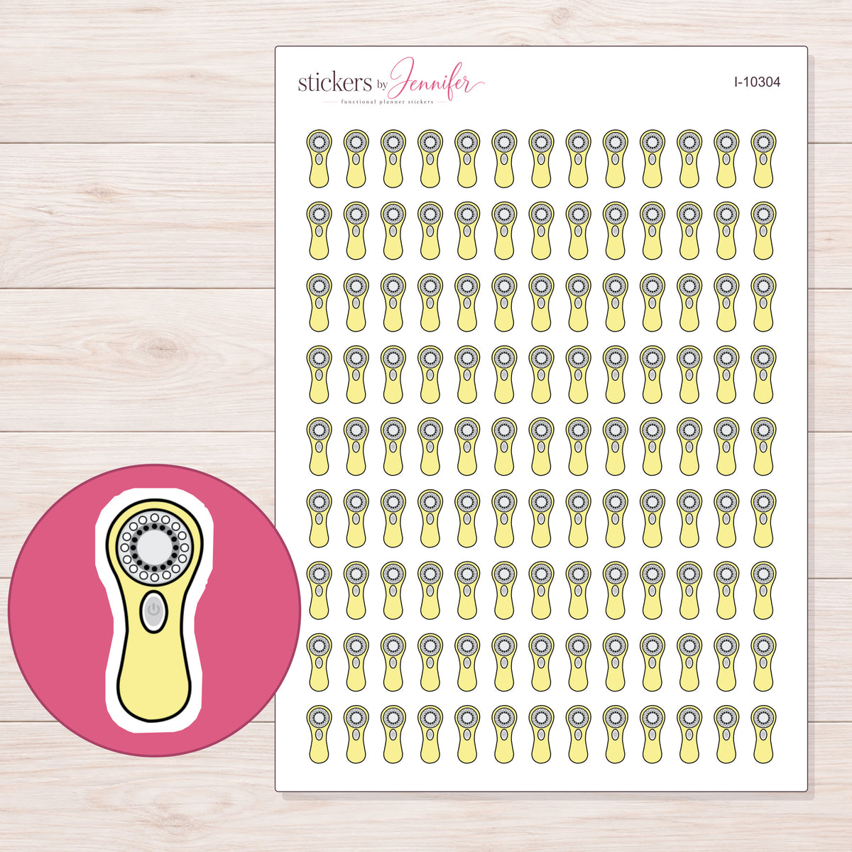 Yellow Facial Brush Planner Stickers | I-10304 — 5 × 7 inch sheet and enlarged sticker detail