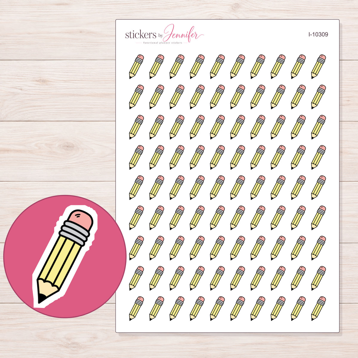 Yellow Doodle Pencil Planner Stickers | I-10309 — 5 × 7 inch sheet and enlarged sticker detail