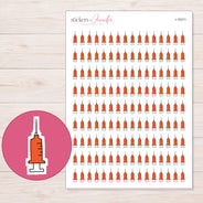 Orange Syringe Planner Stickers | I-10311 — 5 × 7 inch sheet and enlarged sticker detail