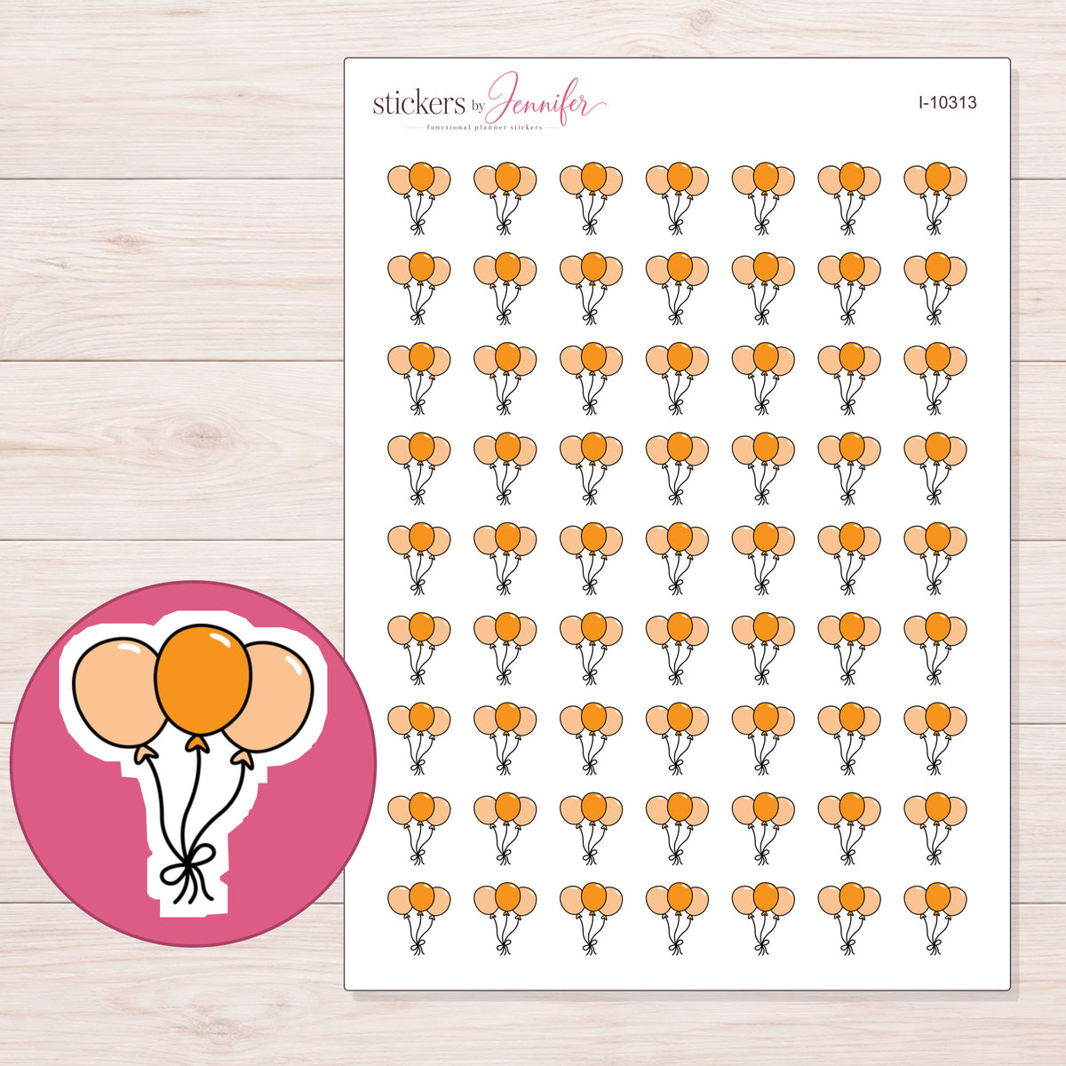 Orange Balloon Trio Planner Stickers | I-10313 — 5 × 7 inch sheet and enlarged sticker detail