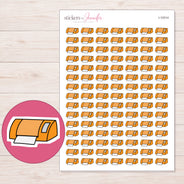 Orange Cutting Machine Planner Stickers | I-10314 — 5 × 7 inch sheet and enlarged sticker detail