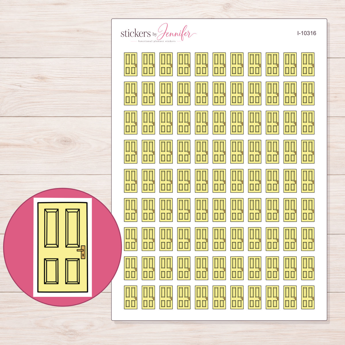 Yellow Door Planner Stickers | I-10316 — 5 × 7 inch sheet and enlarged sticker detail