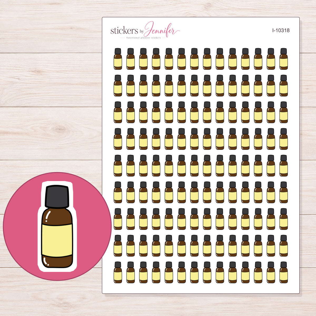 Yellow Label Oil Bottle Planner Stickers | I-10318 — 5 × 7 inch sheet and enlarged sticker detail