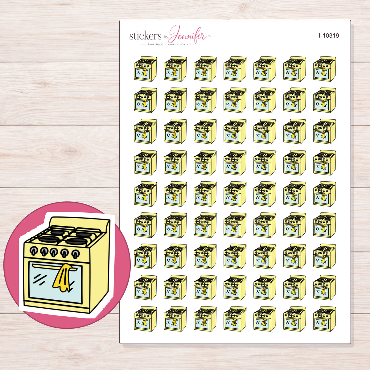 Yellow Kitchen Stove Planner Stickers | I-10319 — 5 × 7 inch sheet and enlarged sticker detail