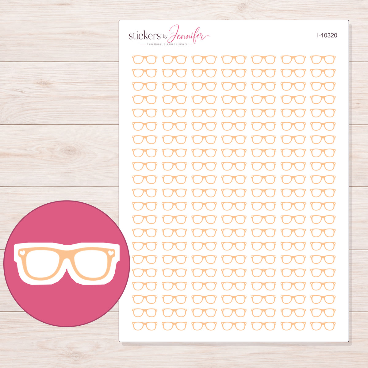 Peach Eyeglasses Planner Stickers | I-10320 — 5 × 7 inch sheet and enlarged sticker detail